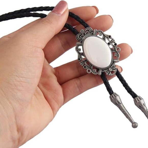 Men's Bolo Tie Cowboy Necklace Leather Necktie Western White Turquoise - Picture 4 of 7
